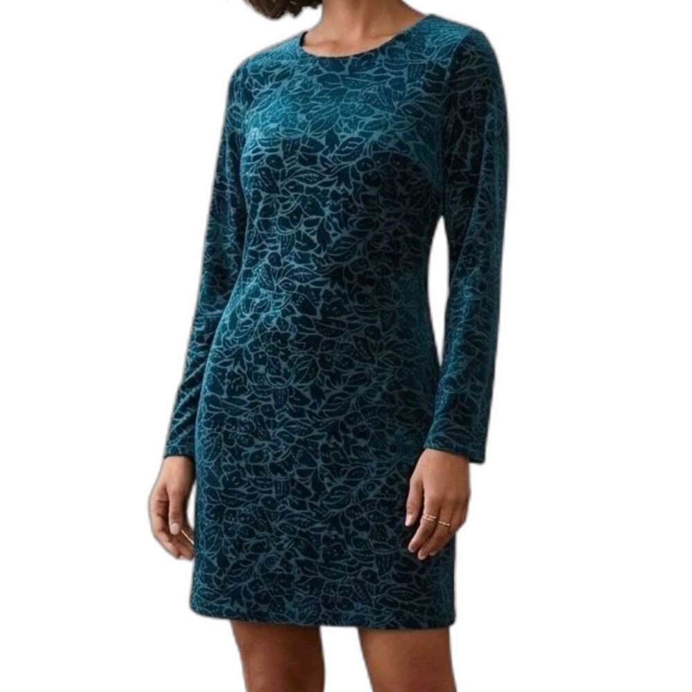 Adrienne Vittadini Blue Burnout Velvet Dress Size Small Long Bell Sleeves Teal